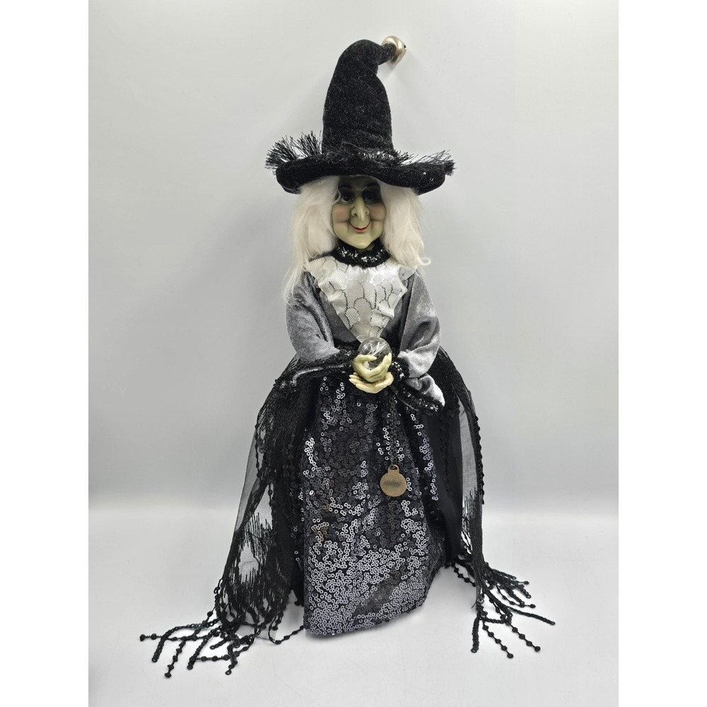 18" Fortune Teller Witch Doll Crystal Ball Clock Black Silver Halloween Decor